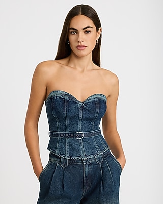 tube top denim dress Strapless Seamed Peplum chic styling Size:S Petite product_family:BEBE1356 90s denim corset primark blue and white