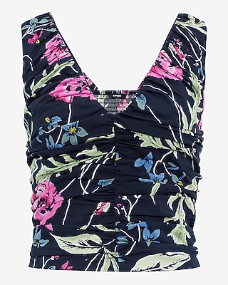 Poplin Floral V-Neck Ruched Smocked Back Tank