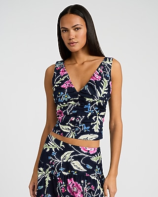 Poplin Floral V-Neck Ruched Smocked Back Tank