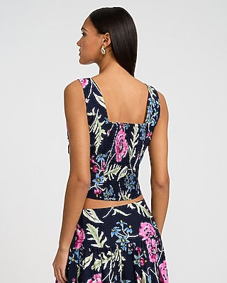 Poplin Floral V-Neck Ruched Smocked Back Tank