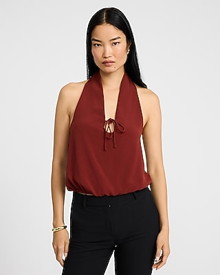 Halter V-Neck Tie Front Keyhole Bubble Tank