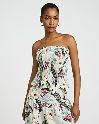 Cotton Poplin Floral Strapless Smocked Tube Top