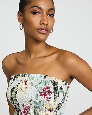 Cotton Poplin Floral Strapless Smocked Tube Top