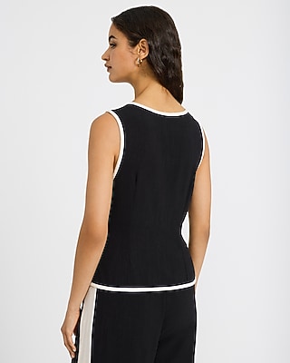 Linen-Blend Tipped V-Neck Tie Front Tank - thumbnail 7
