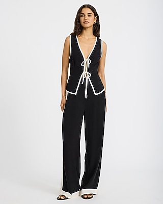 Linen-Blend Tipped V-Neck Tie Front Tank - thumbnail 8