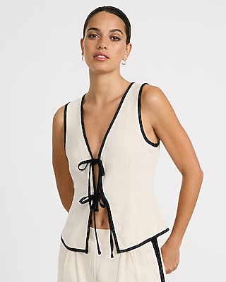 Linen-Blend Tipped V-Neck Tie Front Tank