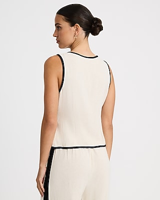 Linen-Blend Tipped V-Neck Tie Front Tank