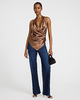 Satin Ruched Asymmetrical Surplice Tank