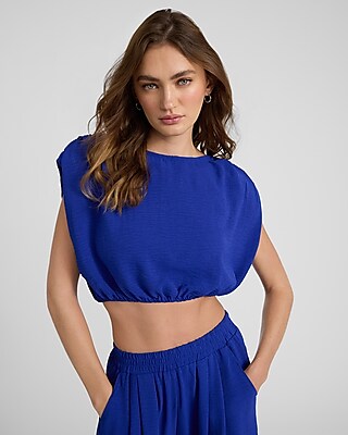 Crew Neck Ruched Shoulder Cropped Tank