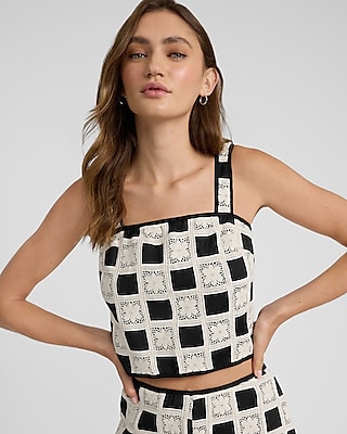 Embroidered Crochet Square Neck Cropped Tank