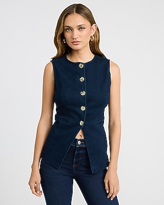 Stretch Denim Crew Neck Cutaway Blazer Vest
