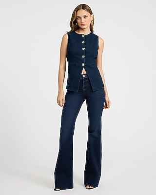 Stretch Denim Crew Neck Cutaway Blazer Vest