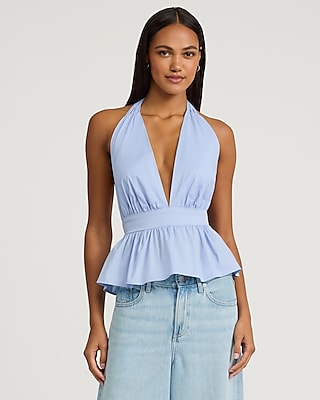 Satin V-neck Twist Front Peplum Top | Express