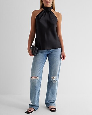 【usagi】HALTER HIGH NECK CAMISOLE TOPS Honeeladyy Womens High Mock Neck Satin Halter Tops Solid Color