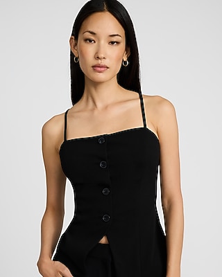 Crepe Square Neck Sleeveless Button Front Tailored Top - image 2