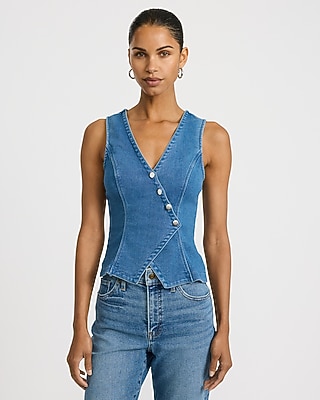 Denim V-Neck Surplice Cutaway Vest