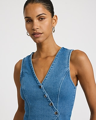 Denim V-Neck Surplice Cutaway Vest