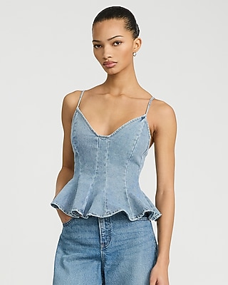 Light Wash Denim V-neck Seamed Peplum Tank | Express