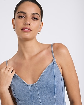 Light Wash Denim V-Neck Seamed Peplum Tank