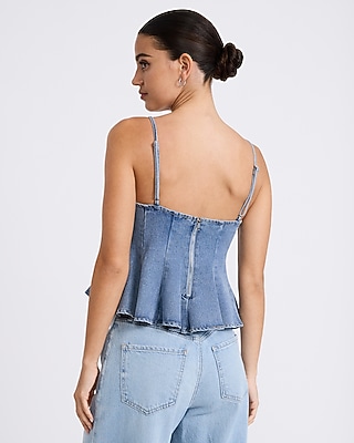 Light Wash Denim V-Neck Seamed Peplum Tank