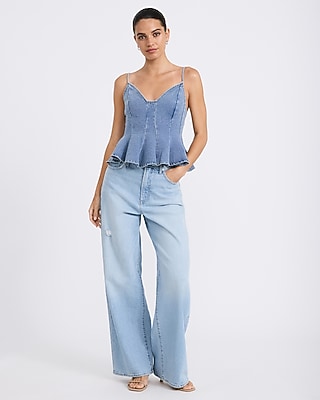 Light Wash Denim V-Neck Seamed Peplum Tank