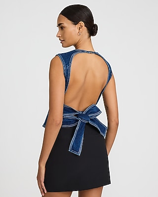 Dark Wash Crew Neck Tie Open Back Top - image 2