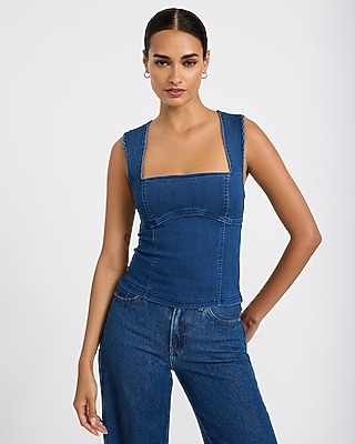Stretch Denim Square Neck Open Back Hardware Tank