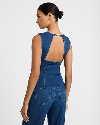 Stretch Denim Square Neck Open Back Hardware Tank
