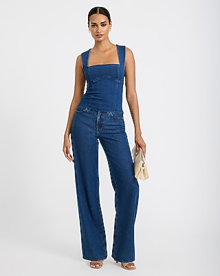 Stretch Denim Square Neck Open Back Hardware Tank