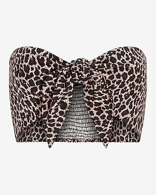 Leopard Print Linen-Blend Tie Front Bandeau Top