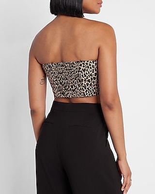 Leopard Print Linen-Blend Tie Front Bandeau Top