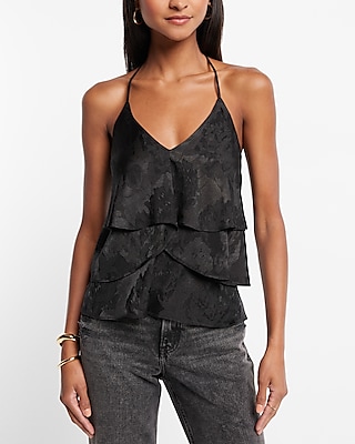 Floral Jacquard Ruffled V-Neck Racerback Cami