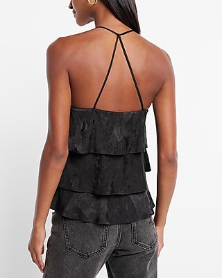 Floral Jacquard Ruffled V-Neck Racerback Cami