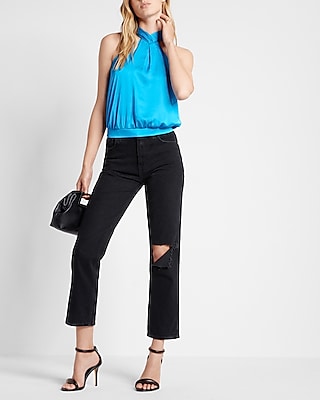 High Halter Tie Neck Banded Bottom Top