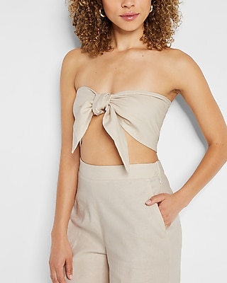 Linen-Blend Tie Front Bandeau Top