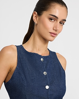 Denim Crew Neck Button Front Blazer Vest