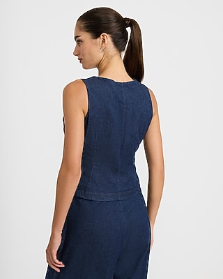 Denim Crew Neck Button Front Blazer Vest