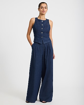 Denim Crew Neck Button Front Blazer Vest