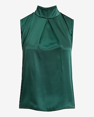 Satin Mock Neck Pleated Front Tank