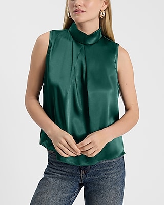 Satin Mock Neck Pleated Front Tank