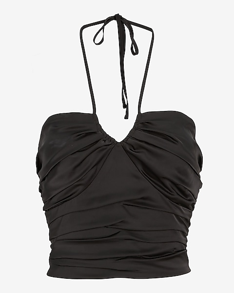 Satin Ruched Halter Neck Cropped Tank