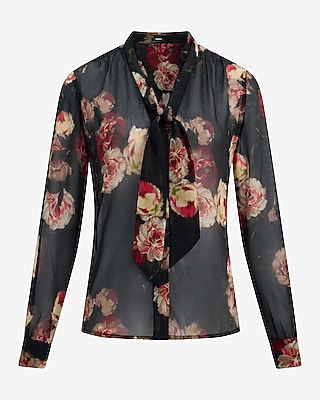 Floral Sheer Textured Tie Neck Top | Express