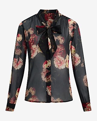 Floral Sheer Textured Tie Neck Top | Express