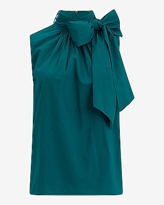 Poplin Tie Neck Sleeveless Ruched Top