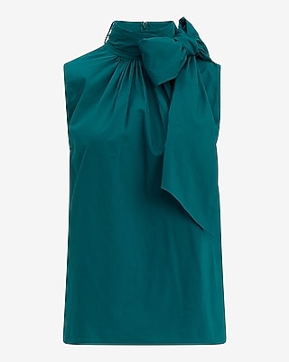 Poplin Tie Neck Sleeveless Ruched Top