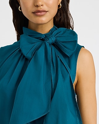 Poplin Tie Neck Sleeveless Ruched Top