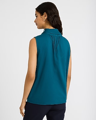 Poplin Tie Neck Sleeveless Ruched Top
