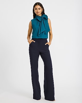 Poplin Tie Neck Sleeveless Ruched Top