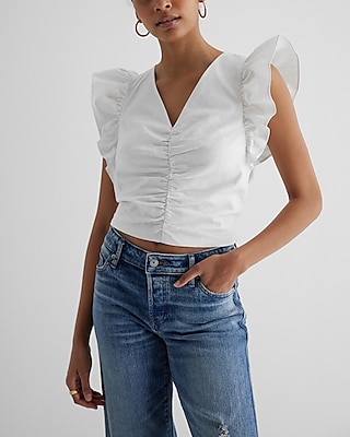 Linen-Blend V-Neck Ruched Front Flutter Sleeve Top