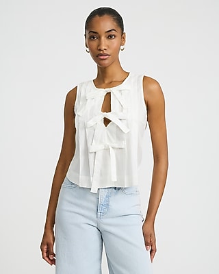 Cotton Poplin Pleated Bow Front Cutout Tank